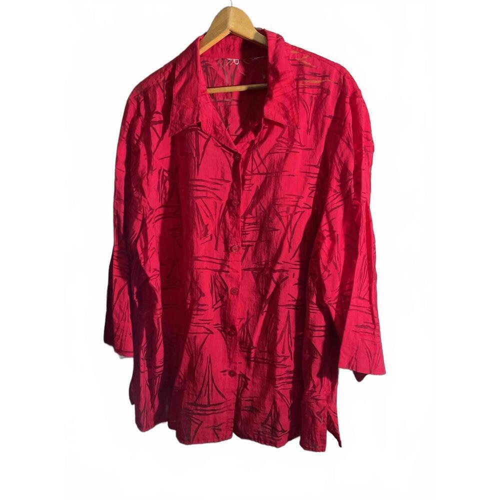 Women's Red Button-Up Burnout Semi Sheer Shirt/Jacket with Abstract Pattern 3X